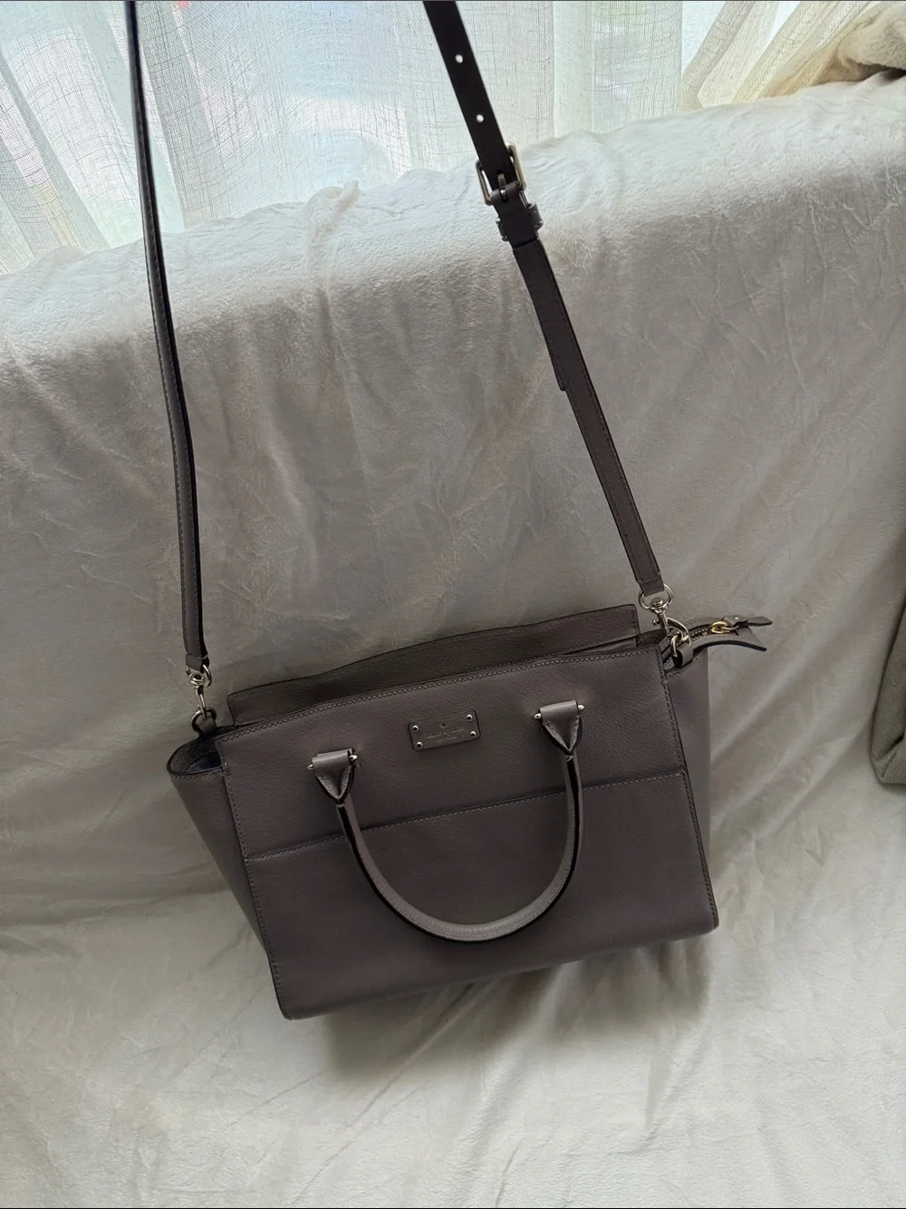 Kate Spade Taupe gray leather satchel with top handles